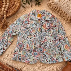 Boho Multicolor Paisley Floral Print Rami Cotton Jacket Petite 10P Eclectic